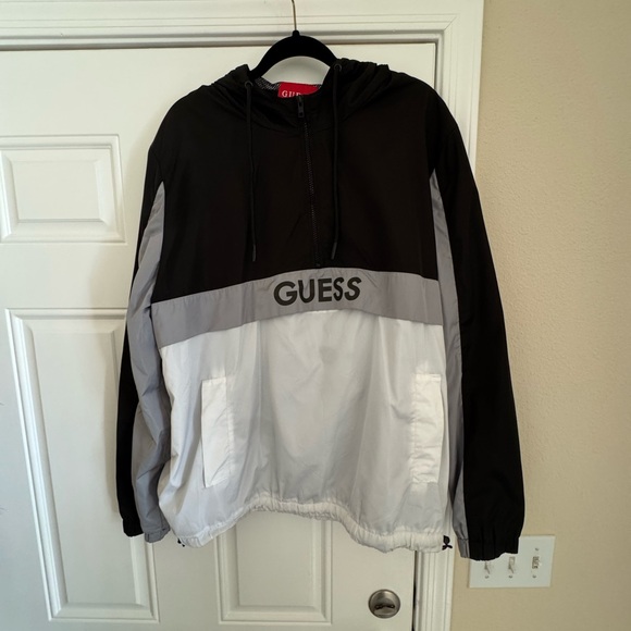 Guess Other - Guess Men's Pullover Half Zip Windbreaker (black silver & white)